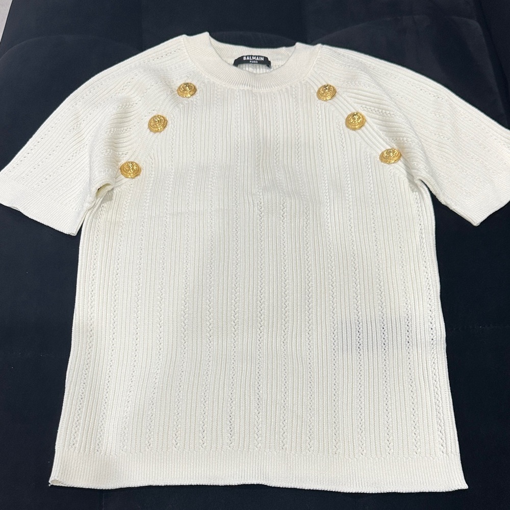 Balmain Ivory Knit Top with Gold Accents
